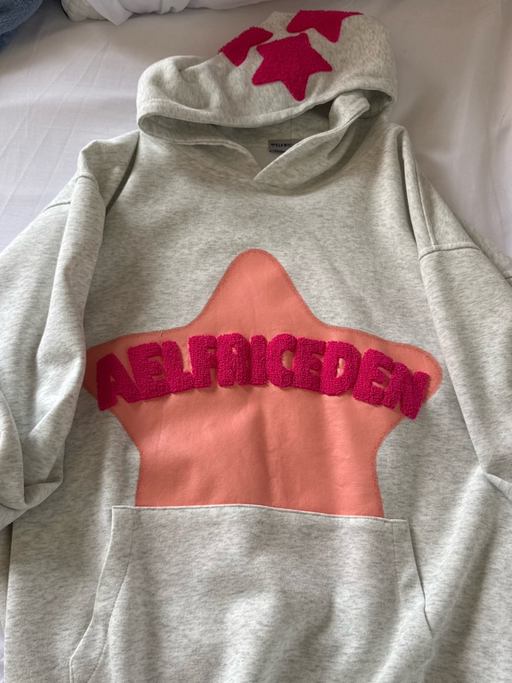 Aelfric Eden Grey Hoodie with Pink Chenille Logo and Peach Star
